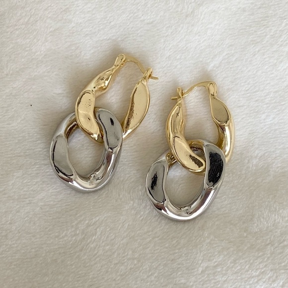 Gold and Silver Chain Link Drop Statement earrings two tone New - Picture 4 of 5
